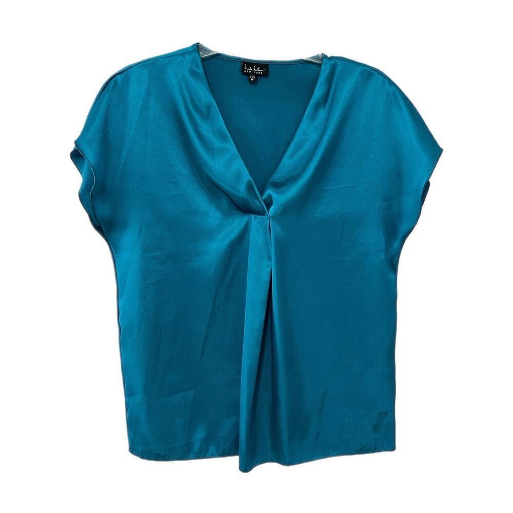 Nicole Miller Top Women Medium Aqua Blue V Neck Satin Silky Career USAmade